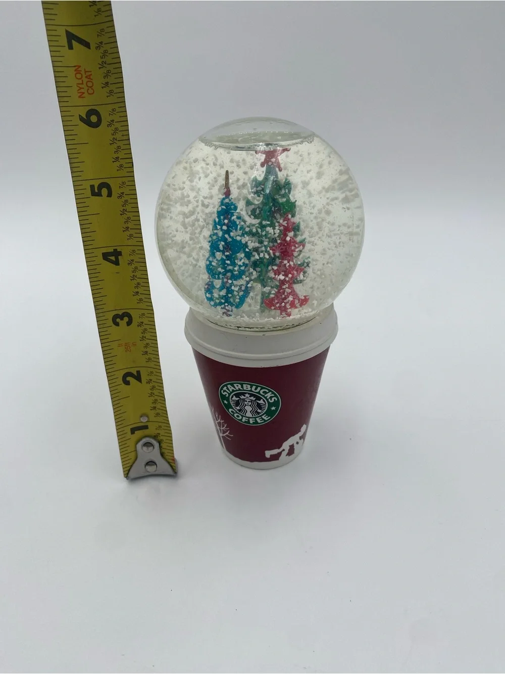 Starbucks Red Cup Snow Globe with Blue, Green, and Red Trees